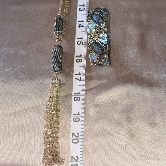 Hematite Encrusted Long Tassel Necklace with Cuff Bracelet Elegant Silver Gold - Picture 7 of 15